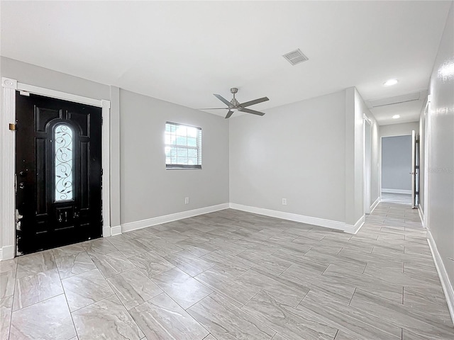 entrance foyer with visible vents, recessed lighting, baseboards, and a ceiling fan