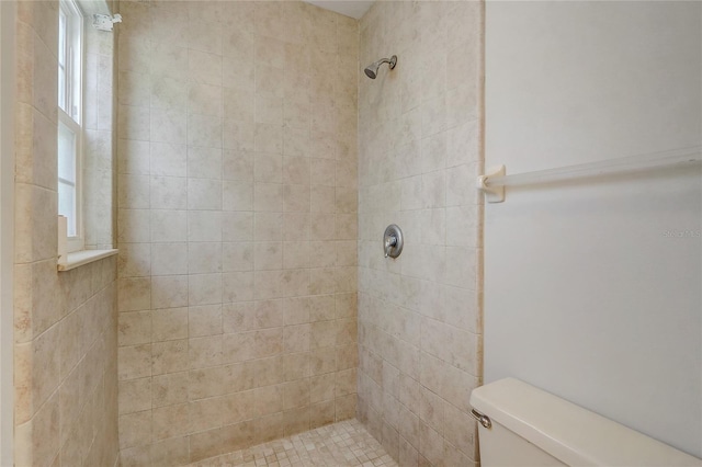 bathroom with tiled shower and toilet