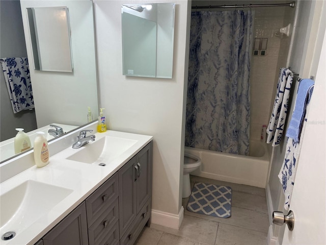 bathroom featuring tile patterned flooring, toilet, a sink, double vanity, and shower / bath combo with shower curtain