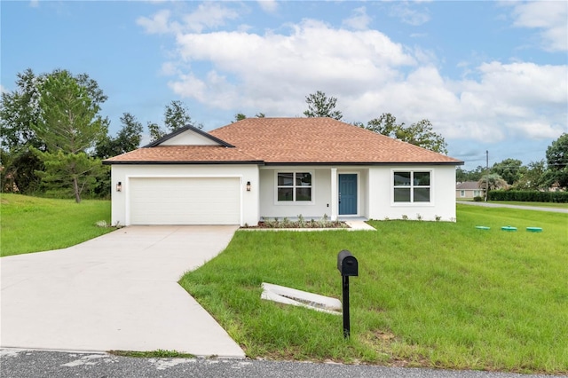 ranch-style house featuring roof with shingles, stucco siding, concrete driveway, a garage, and a front lawn