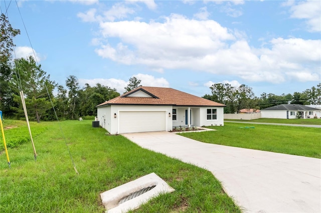 single story home with a garage, stucco siding, a front yard, roof with shingles, and driveway