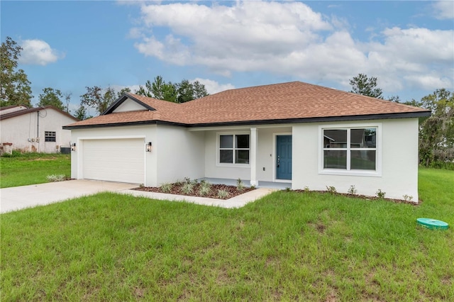 single story home featuring concrete driveway, a front lawn, and an attached garage