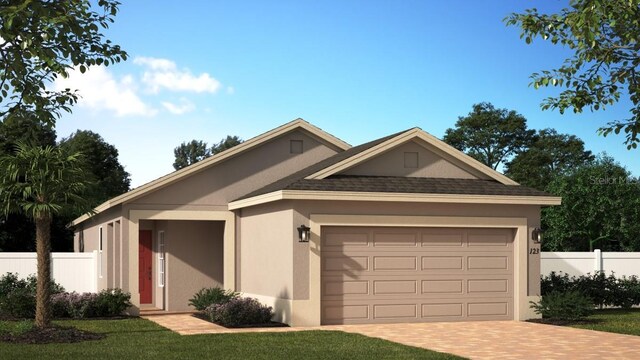 view of front facade with a garage, a shingled roof, fence, decorative driveway, and stucco siding