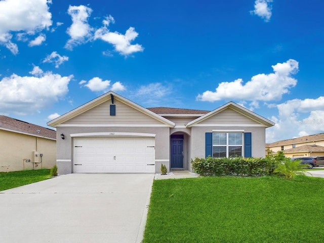 1502 Jadewood Way, Kissimmee, FL 34744 - ranch-style house with a garage, concrete driveway, a front lawn, and stucco siding