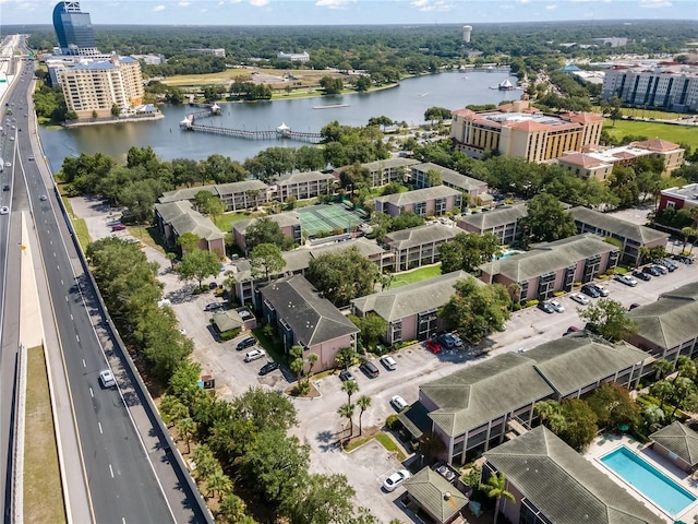 drone / aerial view featuring a water view