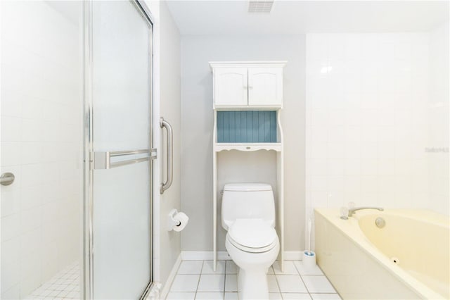 bathroom with tile patterned flooring, toilet, and independent shower and bath