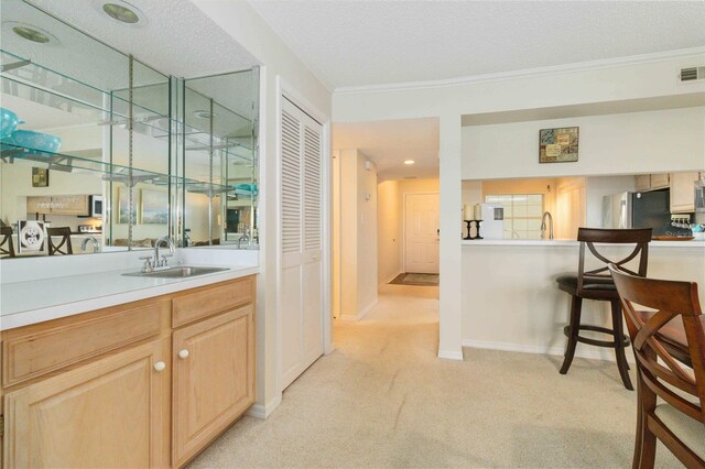 interior space featuring crown molding, light colored carpet, freestanding refrigerator, a sink, and baseboards