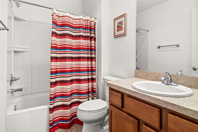 full bathroom with shower / bath combo with shower curtain, vanity, and toilet