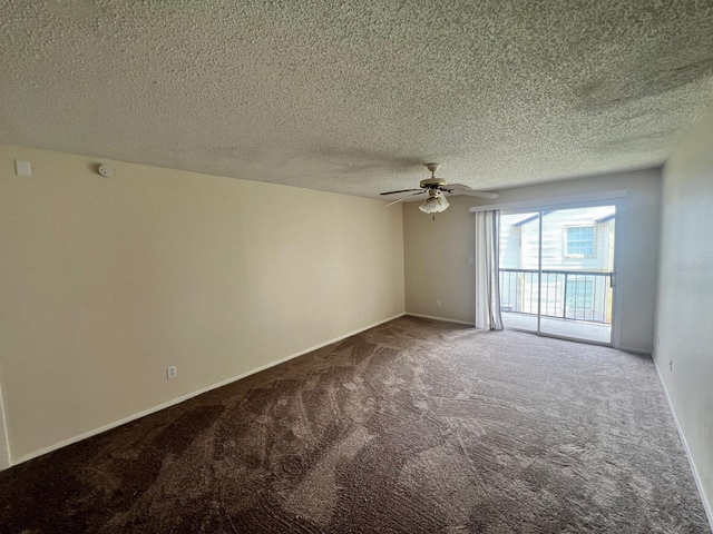 unfurnished room with carpet floors, a textured ceiling, baseboards, and a ceiling fan