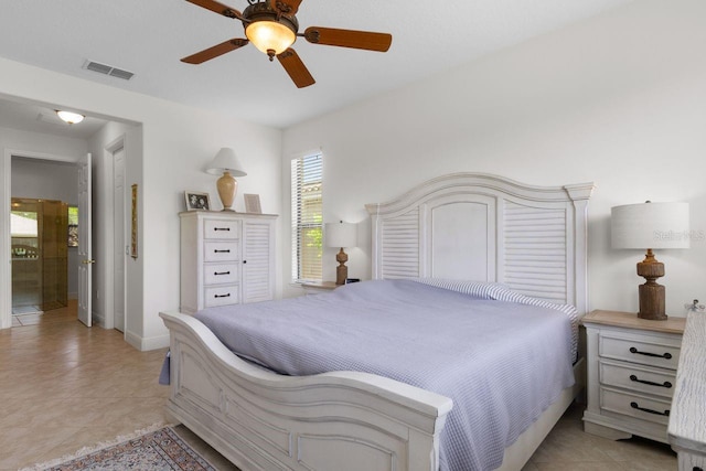 bedroom with light tile patterned floors, baseboards, visible vents, and a ceiling fan