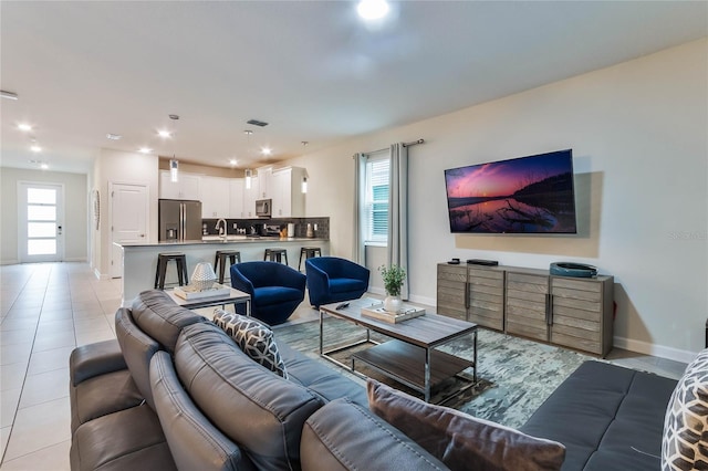 tiled living room with sink