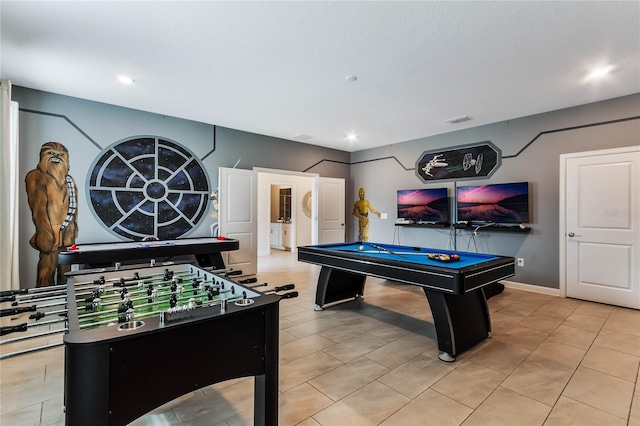 game room with billiards and light tile patterned floors