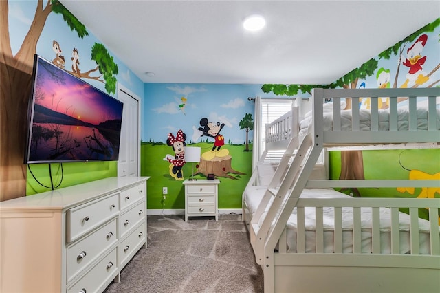 bedroom featuring dark carpet