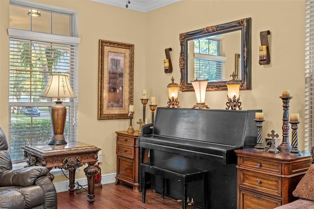 living area featuring baseboards, ornamental molding, and dark wood-type flooring