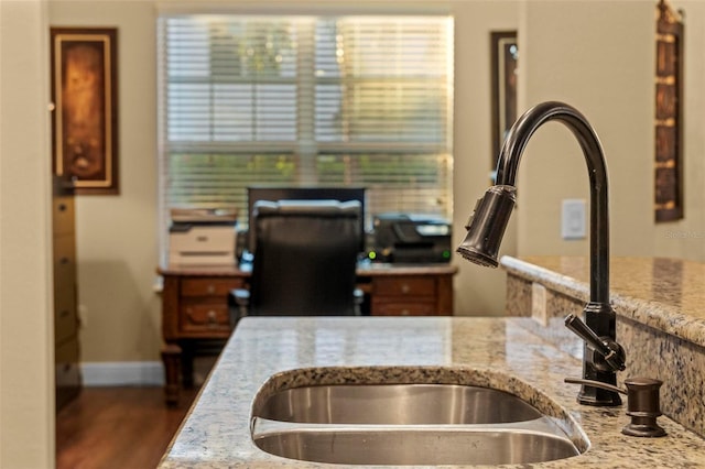 interior space featuring a sink, baseboards, and wood finished floors