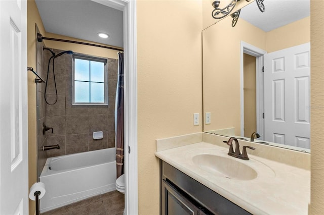 full bathroom with shower / bathtub combination with curtain, vanity, toilet, and tile patterned floors