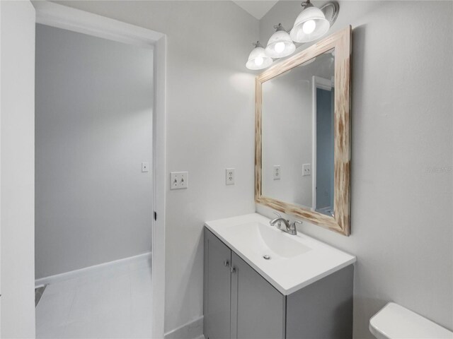 bathroom with tile patterned flooring, toilet, and vanity