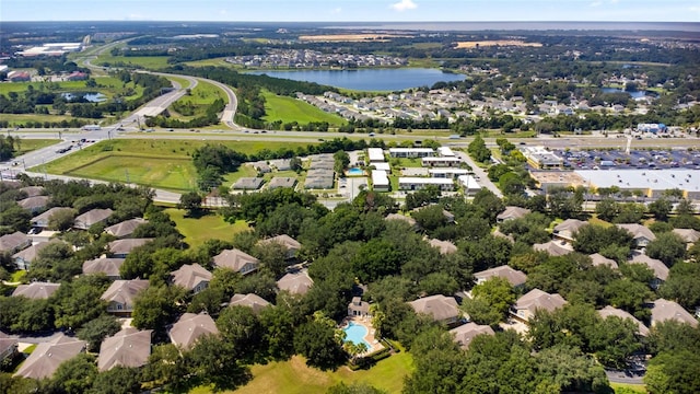 drone / aerial view with a water view