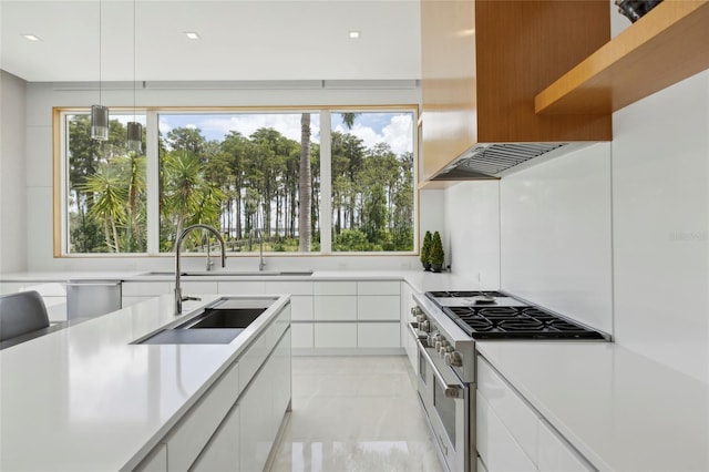 kitchen with white cabinets, double oven range, and a healthy amount of sunlight