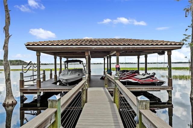 view of dock with a water view