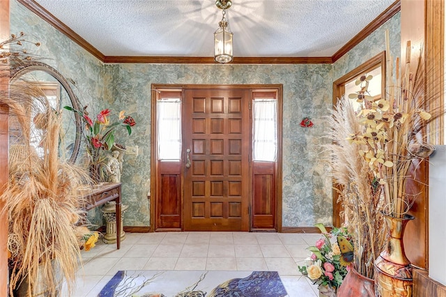 1546 Stormway Ct, Apopka, FL 32712 - tiled foyer with a textured ceiling, ornamental molding, baseboards, and wallpapered walls