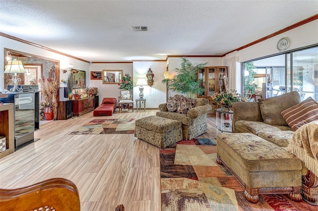 1546 Stormway Ct, Apopka, FL 32712 - living area with ornamental molding, a textured ceiling, wine cooler, and wood finished floors