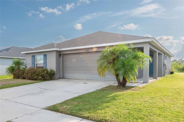 view of home's exterior featuring a garage, driveway, a lawn, roof with shingles, and stucco siding