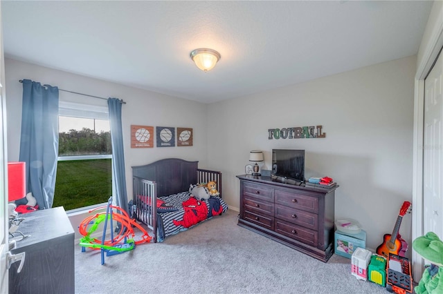 bedroom with light carpet