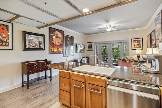 kitchen with dishwasher, light hardwood / wood-style flooring, french doors, sink, and ceiling fan