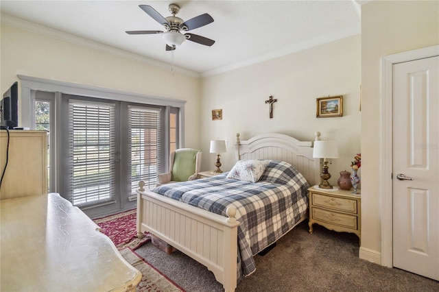 bedroom with ceiling fan, carpet flooring, access to exterior, and ornamental molding