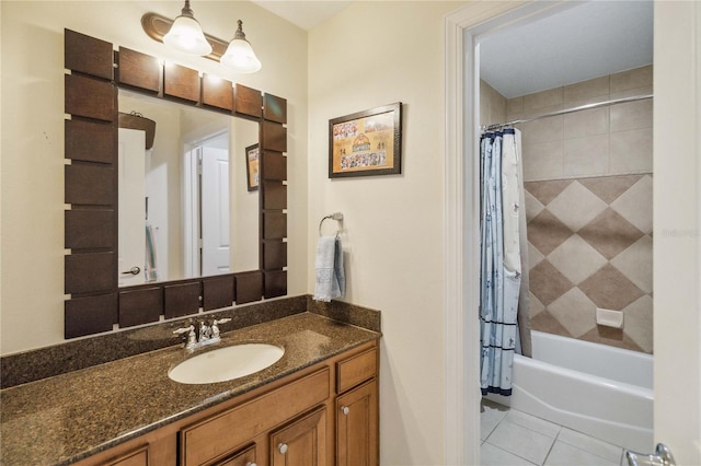 bathroom featuring shower / bath combo, tile patterned flooring, and vanity