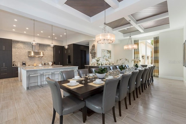 dining room with beamed ceiling, coffered ceiling, and a tray ceiling