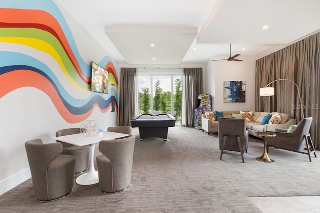 interior space with carpet floors, ceiling fan, and pool table