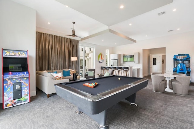 rec room with light colored carpet, pool table, and ceiling fan