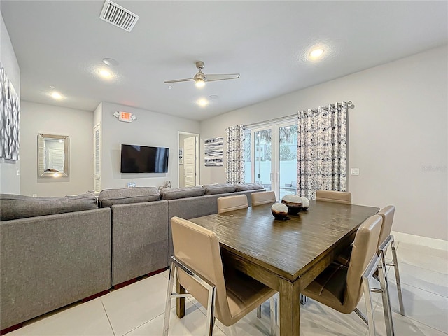 dining room with light tile patterned floors, visible vents, a ceiling fan, and recessed lighting