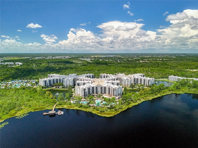 birds eye view of property featuring a water view and a view of trees