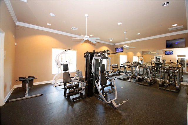 gym with baseboards, ceiling fan, recessed lighting, and crown molding