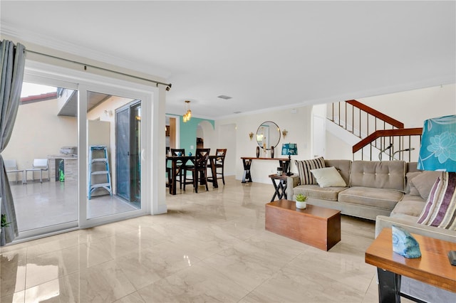 living room with crown molding