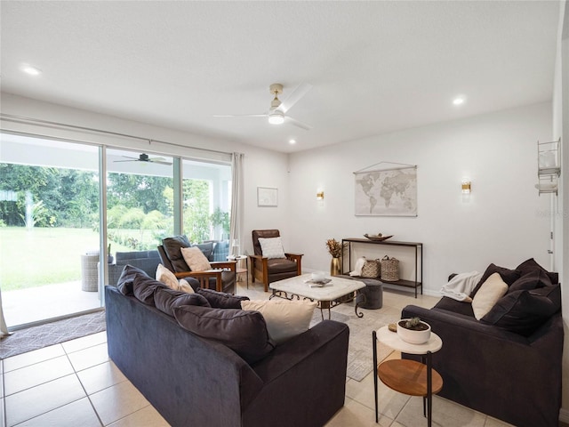 living room with light tile patterned floors, ceiling fan, and recessed lighting