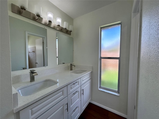 full bath featuring a sink, baseboards, wood finished floors, and double vanity