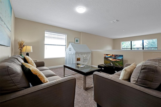 living room featuring a textured ceiling and carpet floors