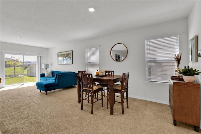 carpeted dining space featuring a textured ceiling