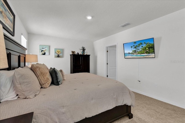 bedroom with carpet and a textured ceiling