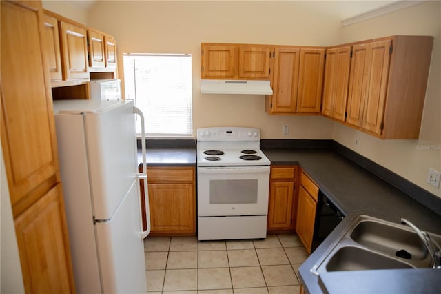 kitchen featuring light tile patterned floors, sink, and white appliances