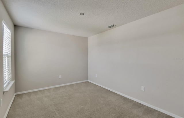 spare room featuring a textured ceiling and light carpet