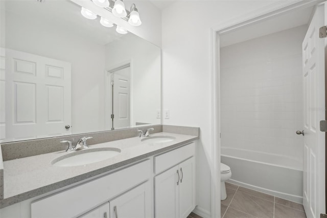 full bathroom featuring toilet, vanity, shower / bath combination, and tile patterned flooring