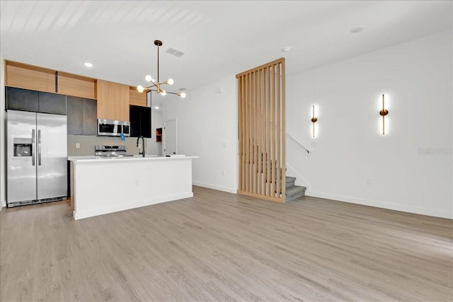 kitchen featuring backsplash, light hardwood / wood-style flooring, an island with sink, decorative light fixtures, and stainless steel appliances