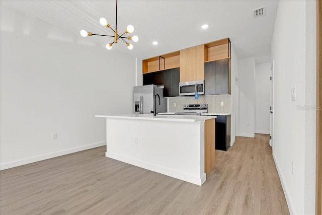 kitchen featuring tasteful backsplash, decorative light fixtures, a center island with sink, appliances with stainless steel finishes, and light wood-type flooring