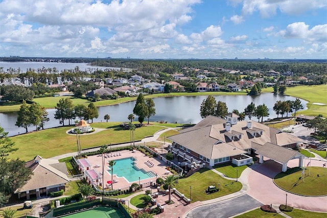 birds eye view of property featuring a water view