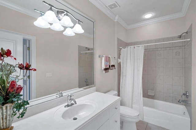 full bathroom featuring toilet, vanity, shower / bath combo with shower curtain, tile patterned floors, and crown molding